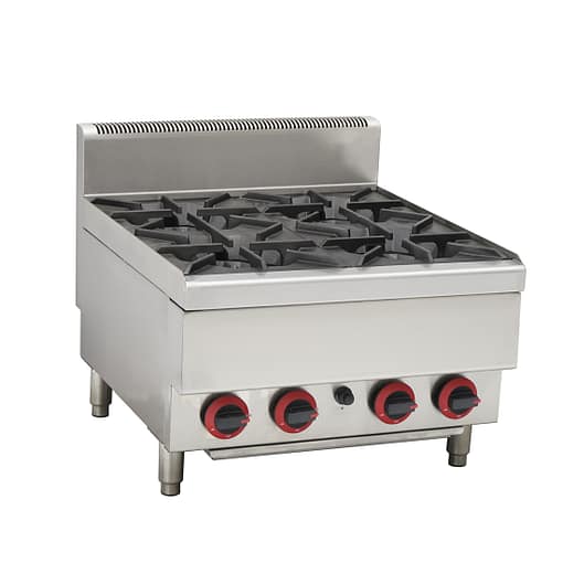 Heavy-duty 4 burner gas cooktop with splashback and high-performance 24.5MJ burners.