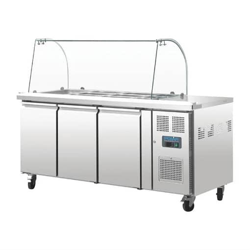 Polar U-Series Refrigerated GN Counter Saladette with Sneeze Guard - 3 Door