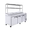 Atosa MPF8203OS 3-Door Pizza Prep Fridge with overshelf, stainless steel build, ideal for pizza preparation.