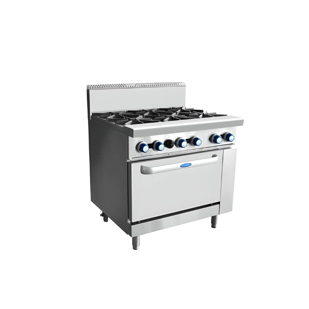 Cookrite AT80G6B-O 6 burner gas cooktop with static oven, stainless steel design, suitable for commercial kitchens using LPG or NG
