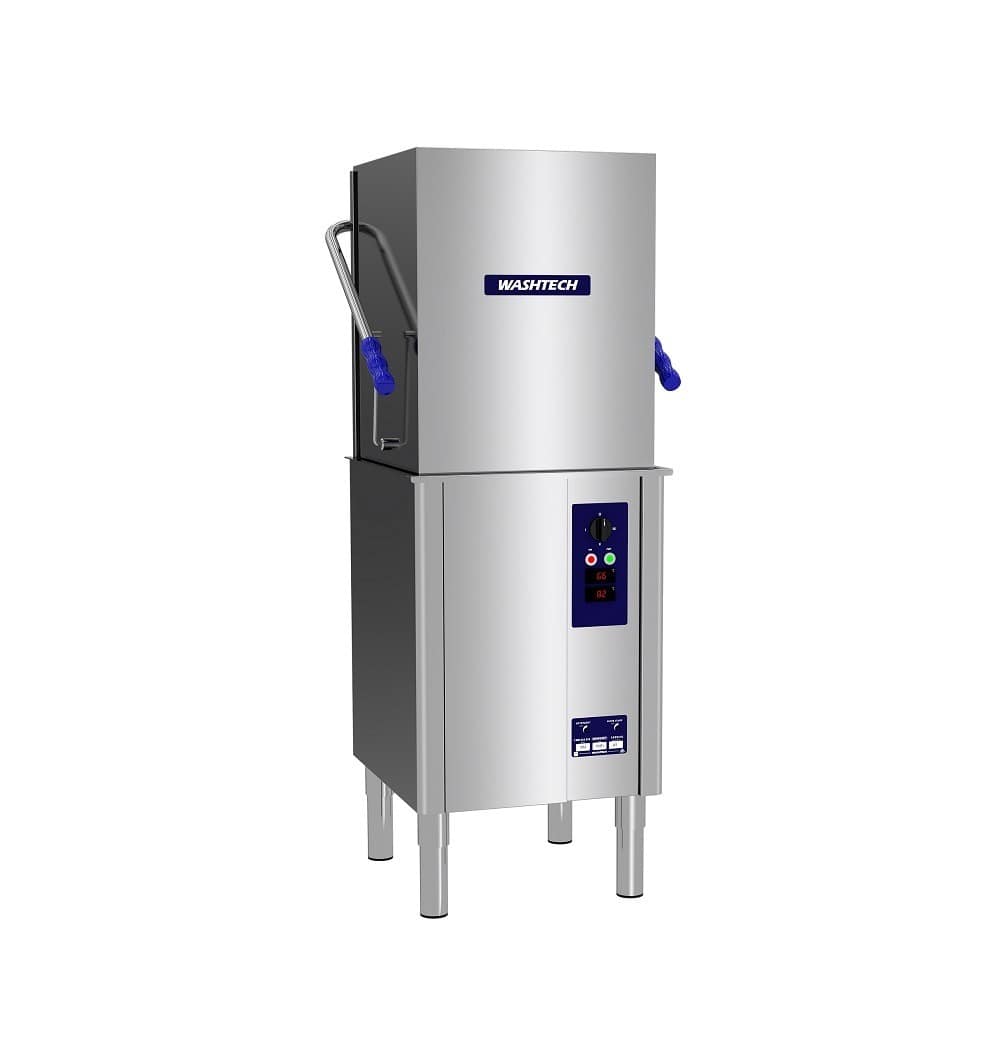 Washtech XM economy 450mm rack passthrough dishwasher, compact stainless steel design, 840 plates/hr – front view, Australia