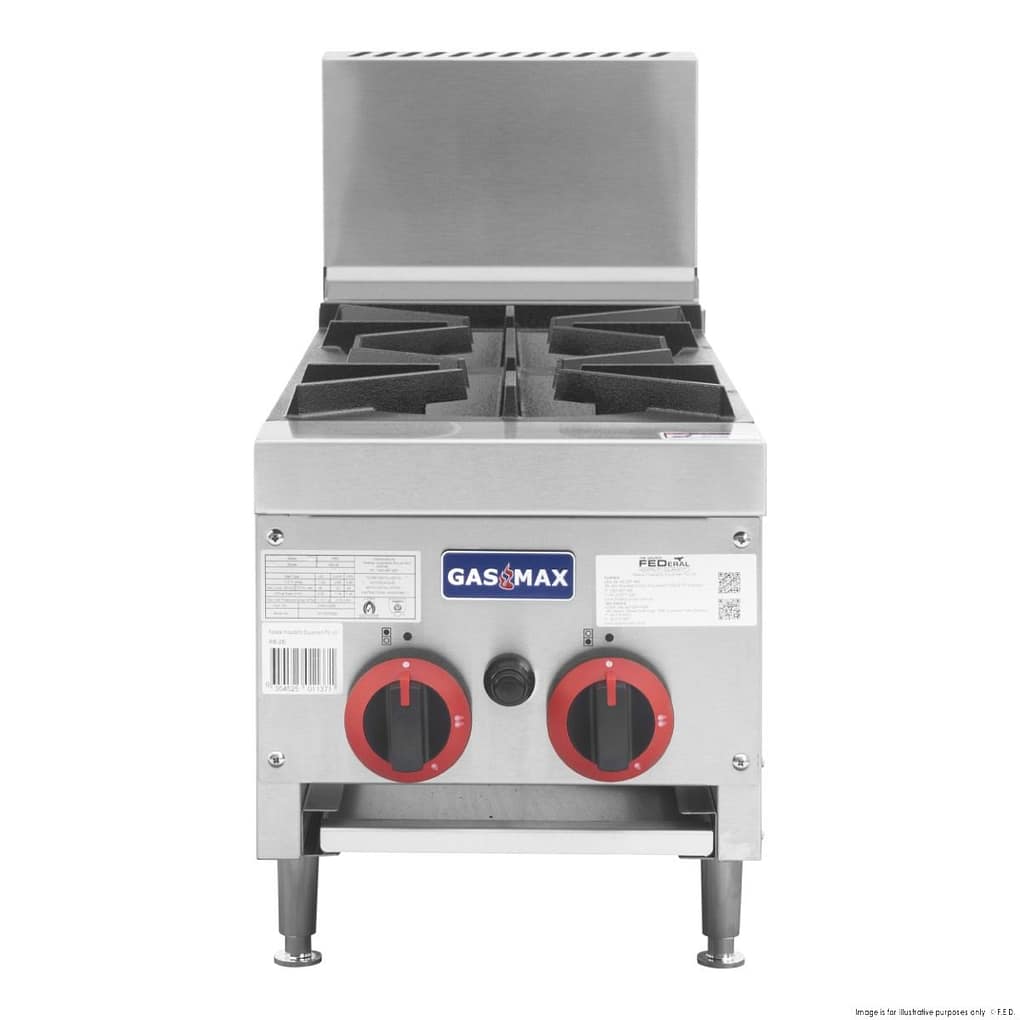 Gasmax RB-2E 2 burner natural gas cook top, stainless steel, bench top with splashback, 48MJ/h – front view, Australia