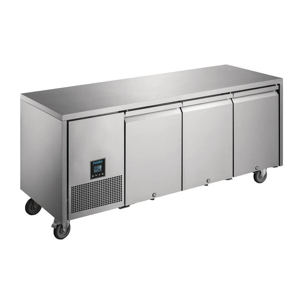 Polar U-Series triple door counter freezer 420L, stainless steel, forced air cooling, digital controller – front view, Australia