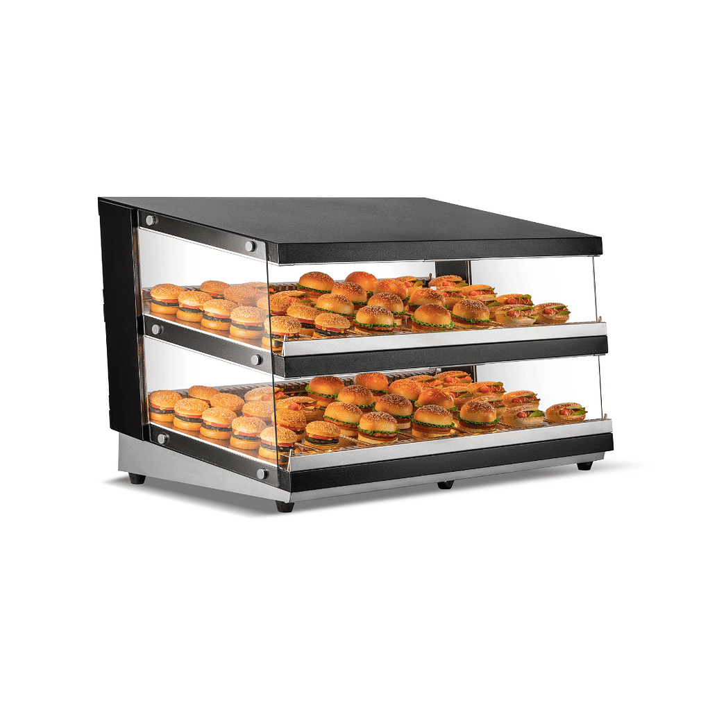 Bonvue HWB2-138 backfill heated display cabinet with dual-tier stainless shelves and black finish