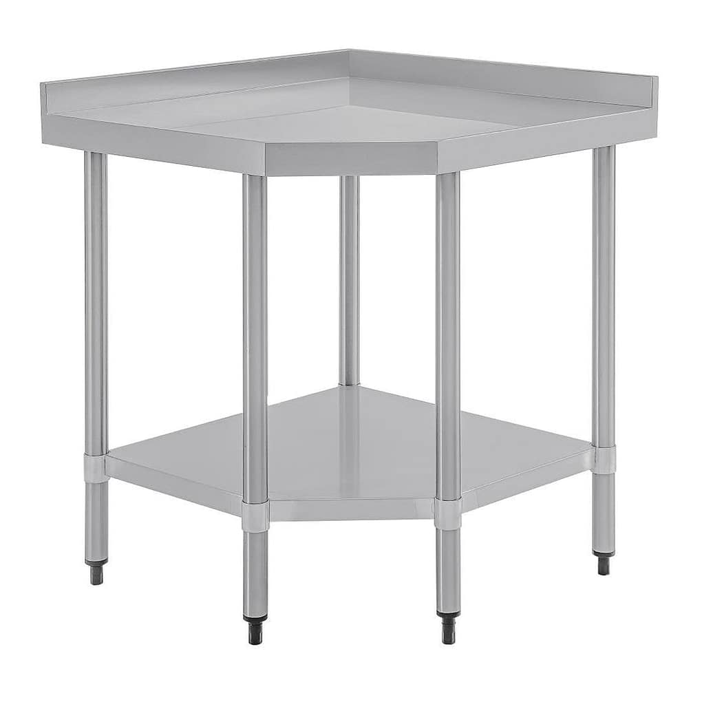 Vogue CB907 stainless steel corner table 600mm with galvanised undershelf and splashback – Australia