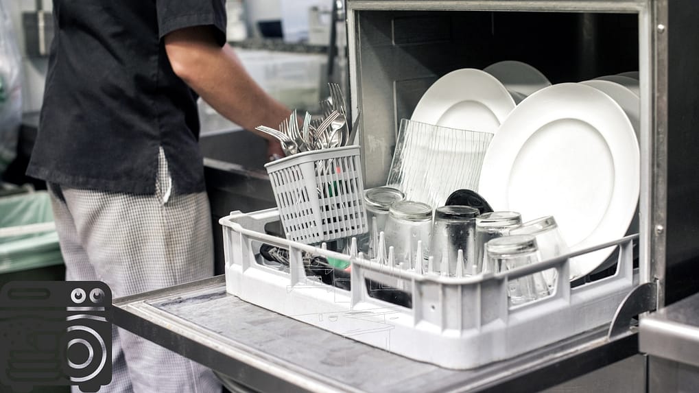 Passthrough commercial dishwasher with inlet and outlet benches operating in an Australian campus kitchen during event service