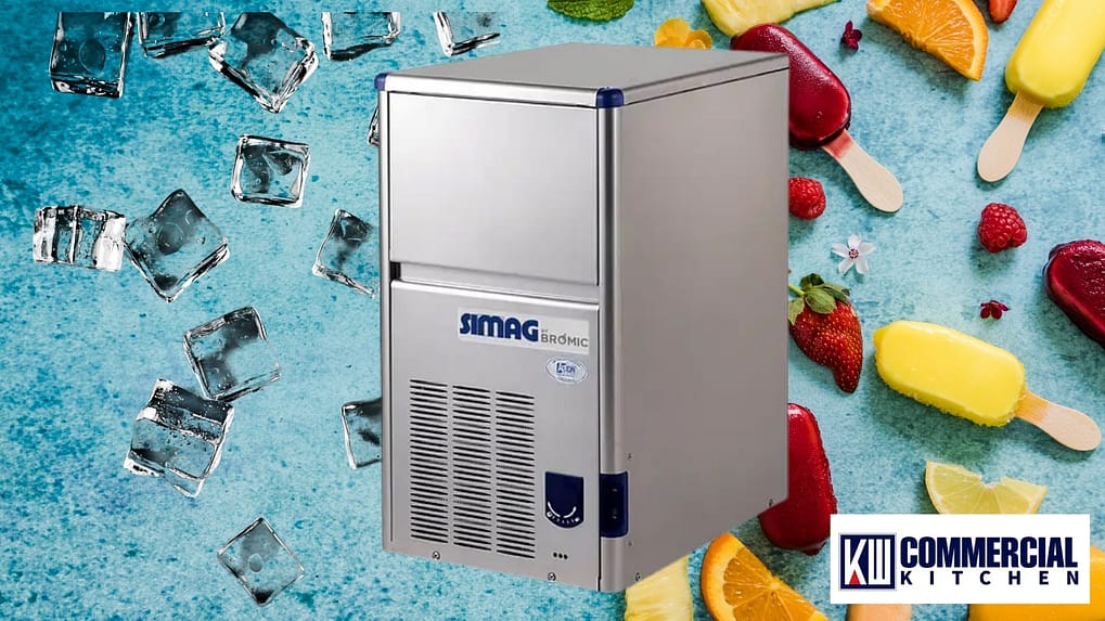 SIMAG by Bromic self‑contained commercial ice maker; follow “ice is food” handling rules with covered caddies, clean scoops, and FSANZ‑aligned records (Australia)