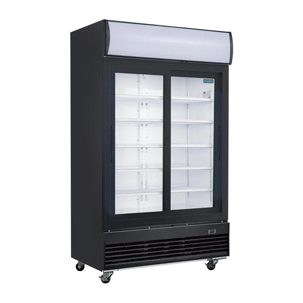 Polar G-Series GM814-A Black Upright Display Fridge – 950L Sliding Doors