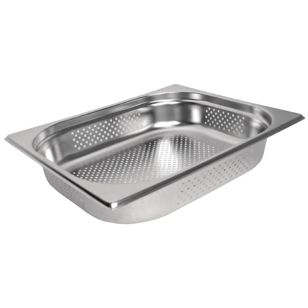 Vogue DN702 GN 1/2 Perforated Pan – 100mm Deep, Stainless Steel, DN702, Ideal for Steaming & Draining