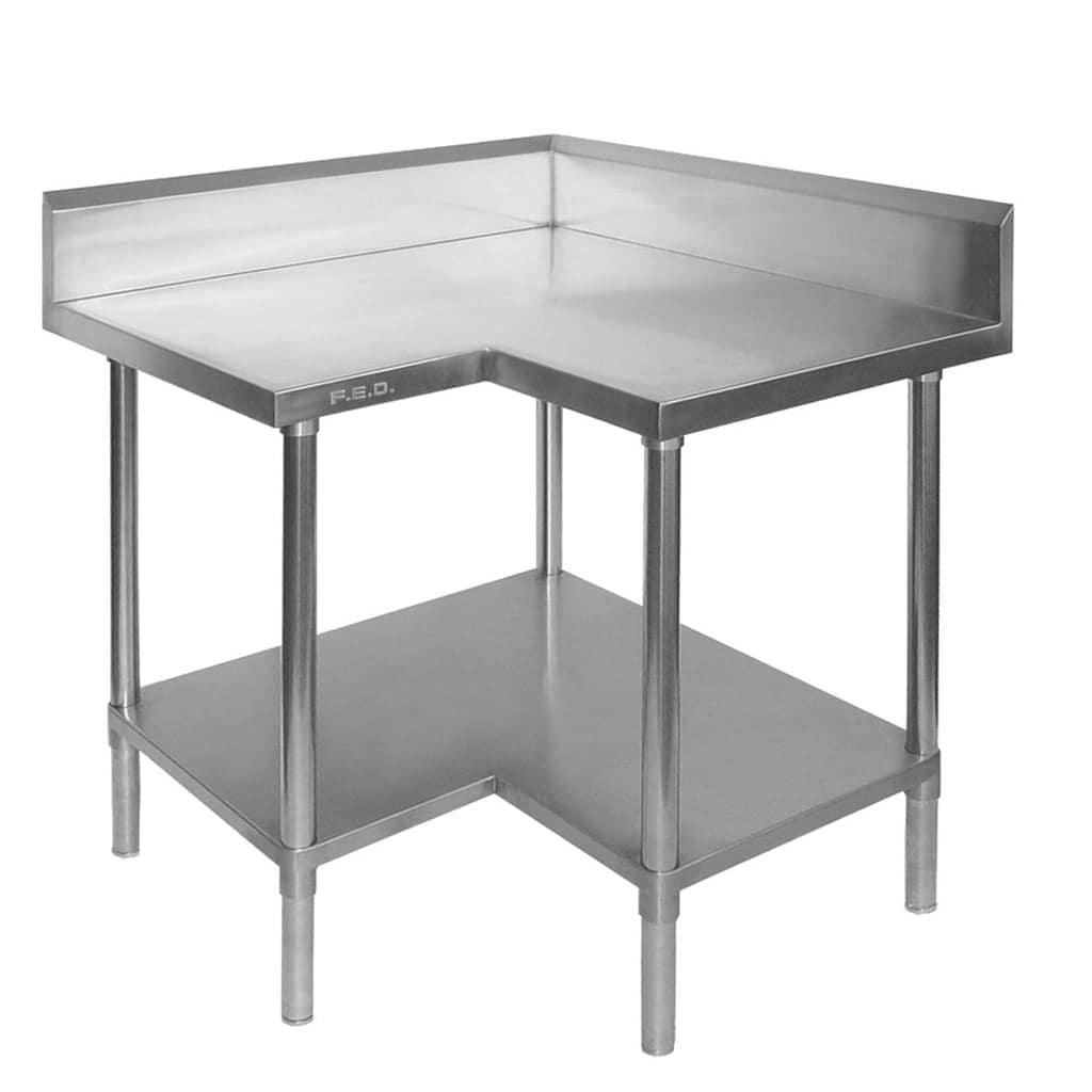 FED WBCB6-0900/A All Stainless Steel Corner Workbench – 900mm Wide with Splashback and Undershelf