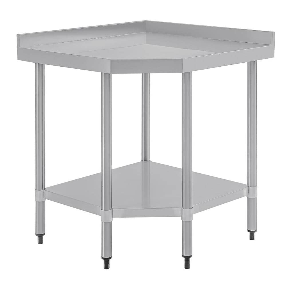 Vogue CB907 stainless steel corner table 600mm with galvanised undershelf and splashback – Australia