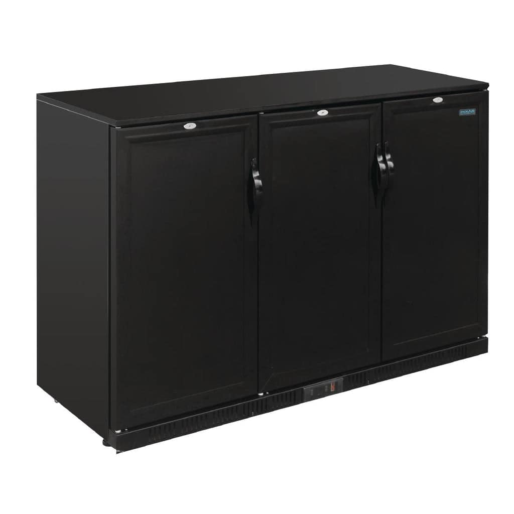 Polar GL017-A G-Series triple solid hinged door back bar cooler, 900mm wide, 270-bottle capacity, black finish, R600a – front view, Australia