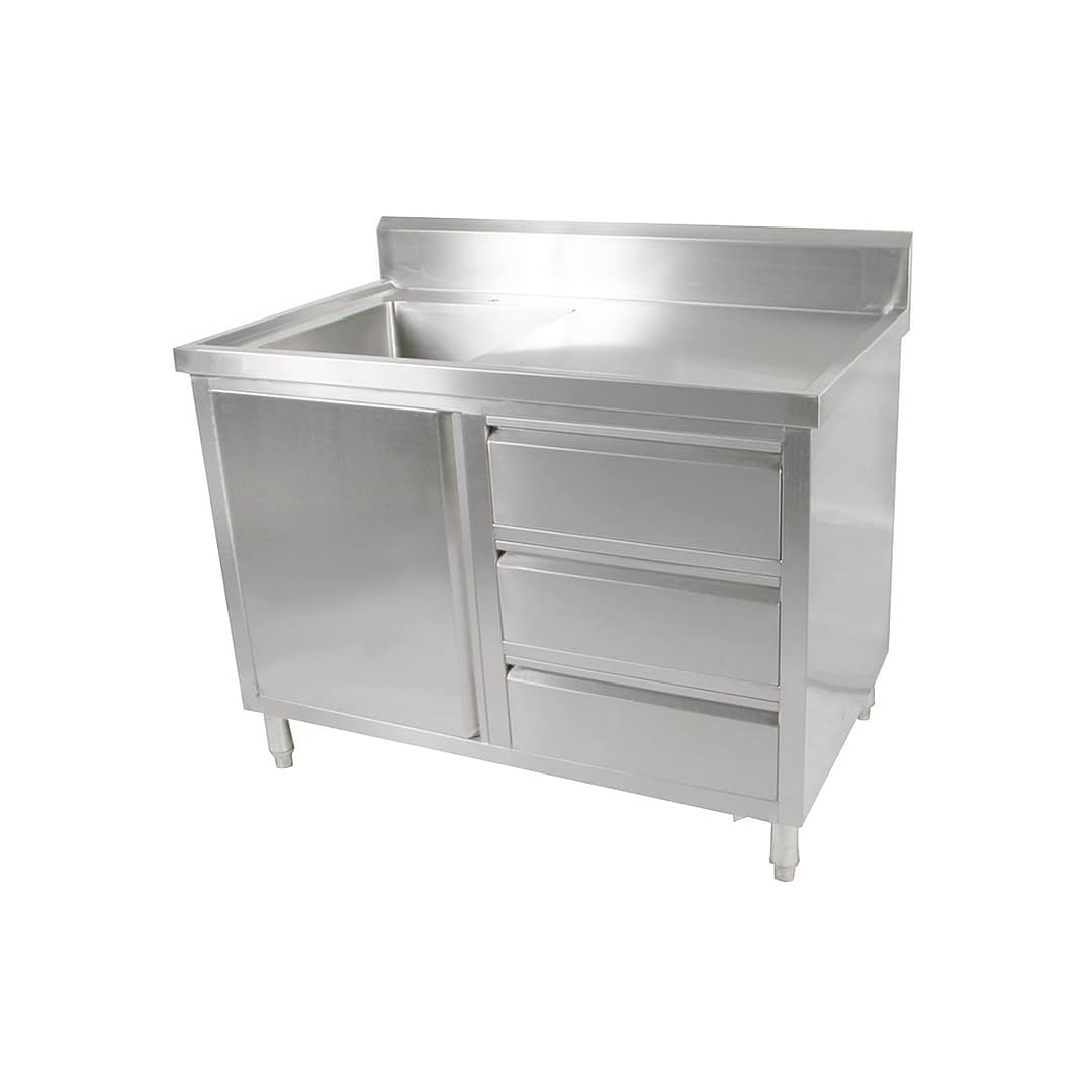 FED SC-6-1200L-H Modular Stainless Steel Cabinet with Left Single Sink, 1200mm, Storage & Splashback