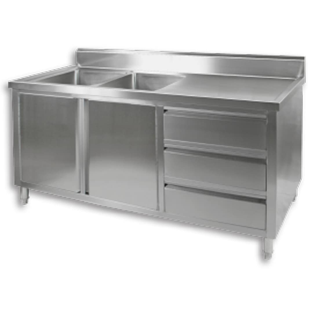 FED DSC-1800L-H kitchen tidy cabinet with double left sinks, 1800mm, stainless steel – front view, Australia