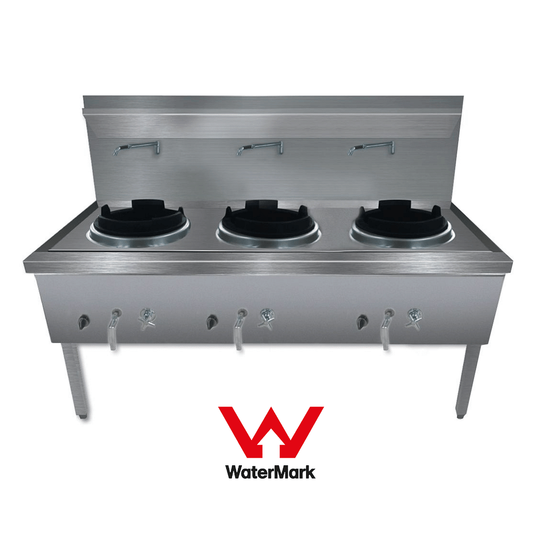 Gasmax WW-3LC stainless steel waterless LPG triple wok chimney burner, 1800mm, 345MJ/h – front view, Australia