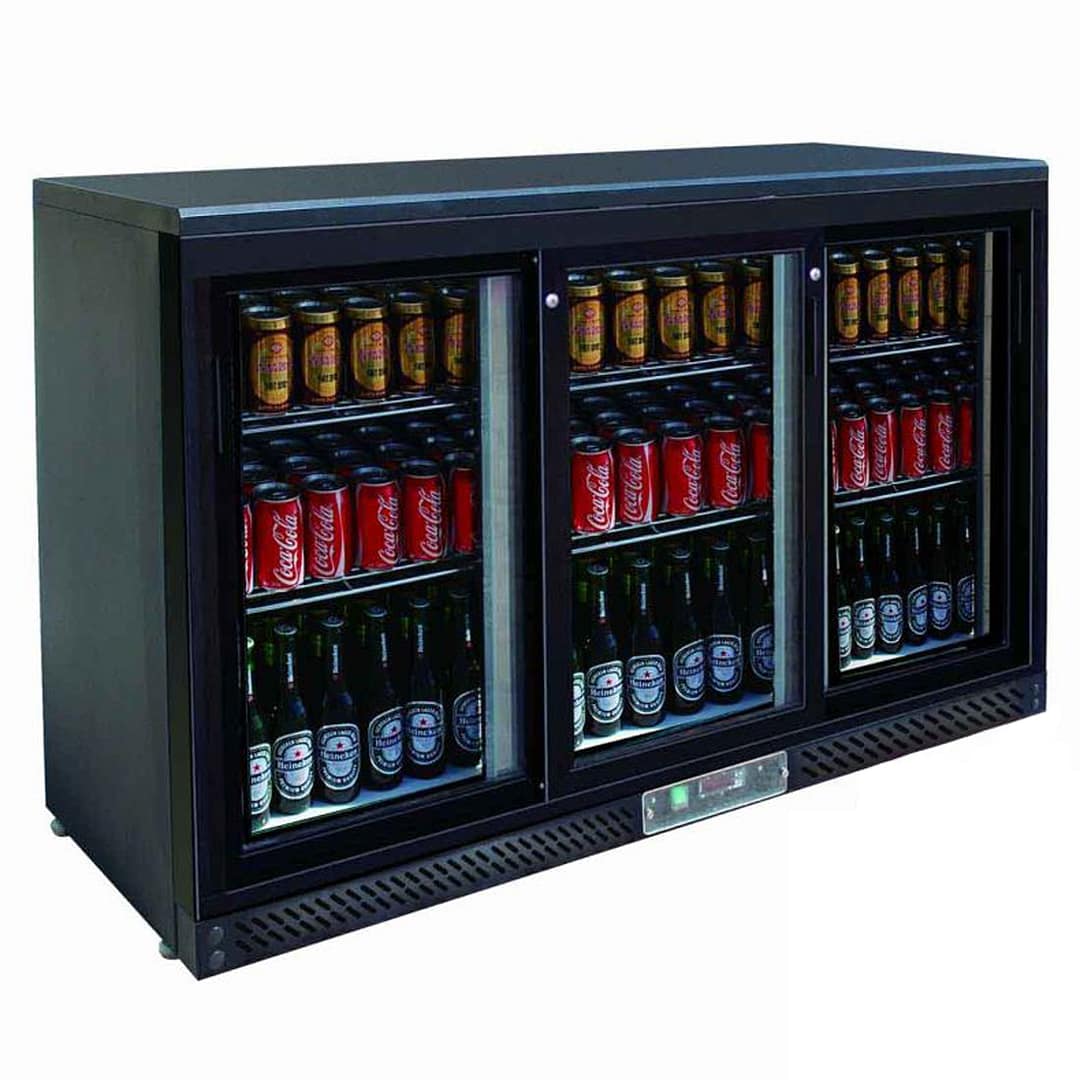 Thermaster SC316SD triple sliding door bar cooler, 320L gross, black finish – front view, Australia