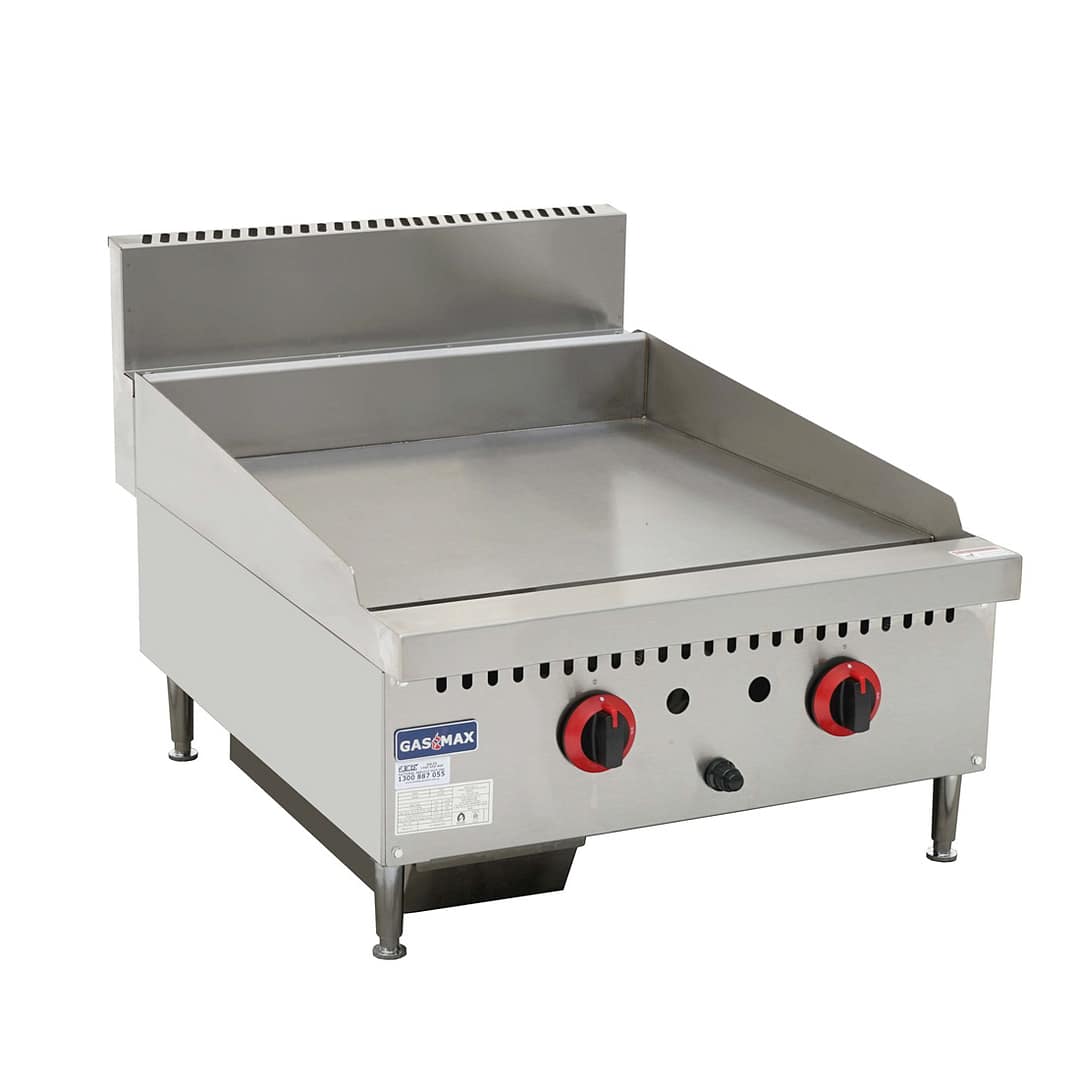 Gasmax GG-24LPG two-burner LPG griddle top, 610mm wide, stainless steel with 22mm plate – front view, Australia
