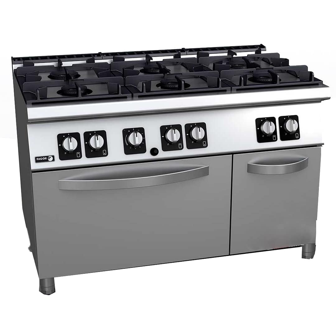 Fagor Kore 700 Series C-G761H 6 burner gas range with static gas oven, stainless steel construction, 1200mm wide – front view, Australia