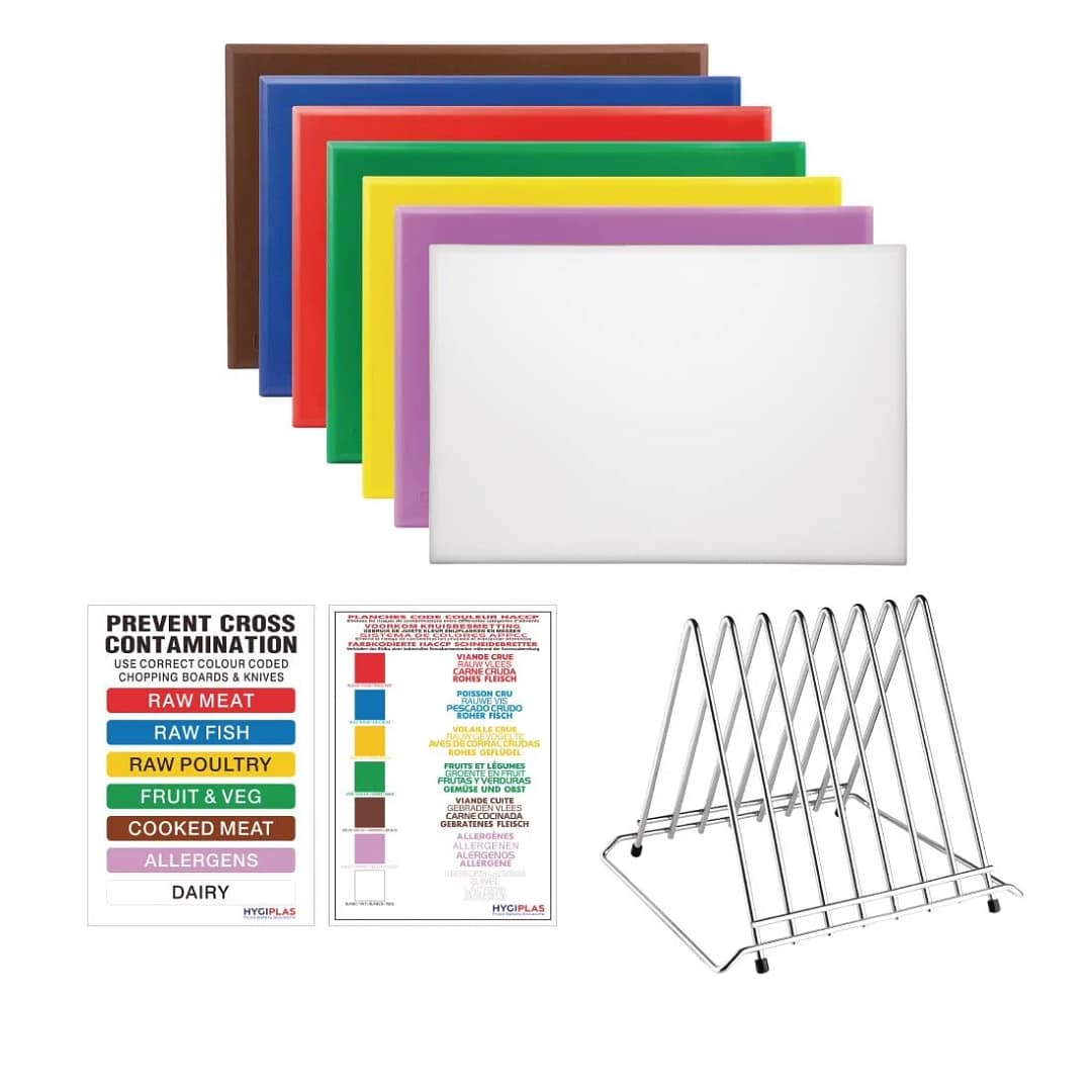 Hygiplas FY993 high density chopping board set 7 boards with steel rack and wall chart – Australia