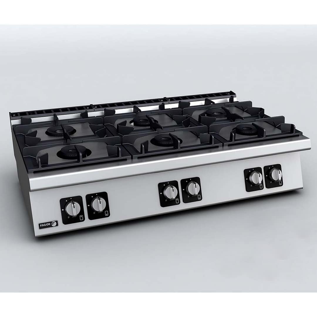 Fagor Kore 700 Series C-G760H bench top 6 burner gas cooktop, stainless steel body, 1200mm wide – front view, Australia