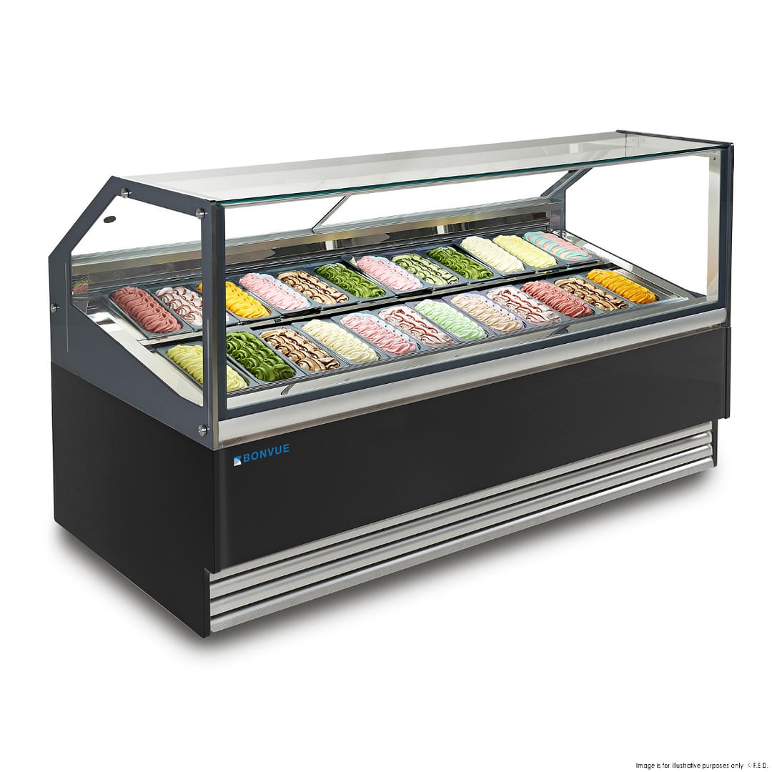Bonvue SGD-24B gelato display showcase 24 pans 2310×1095×1300 mm – stainless steel interior with LED lighting, Australia