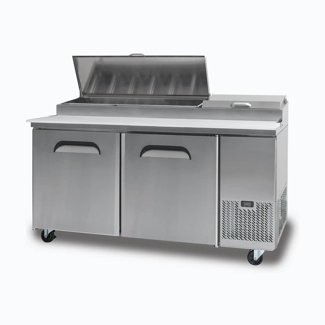 Bromic PP1700 Pizza Prep Counter with 2 Solid Doors, 9 GN 1/3” Pans, and 480mm Removable Cutting Board