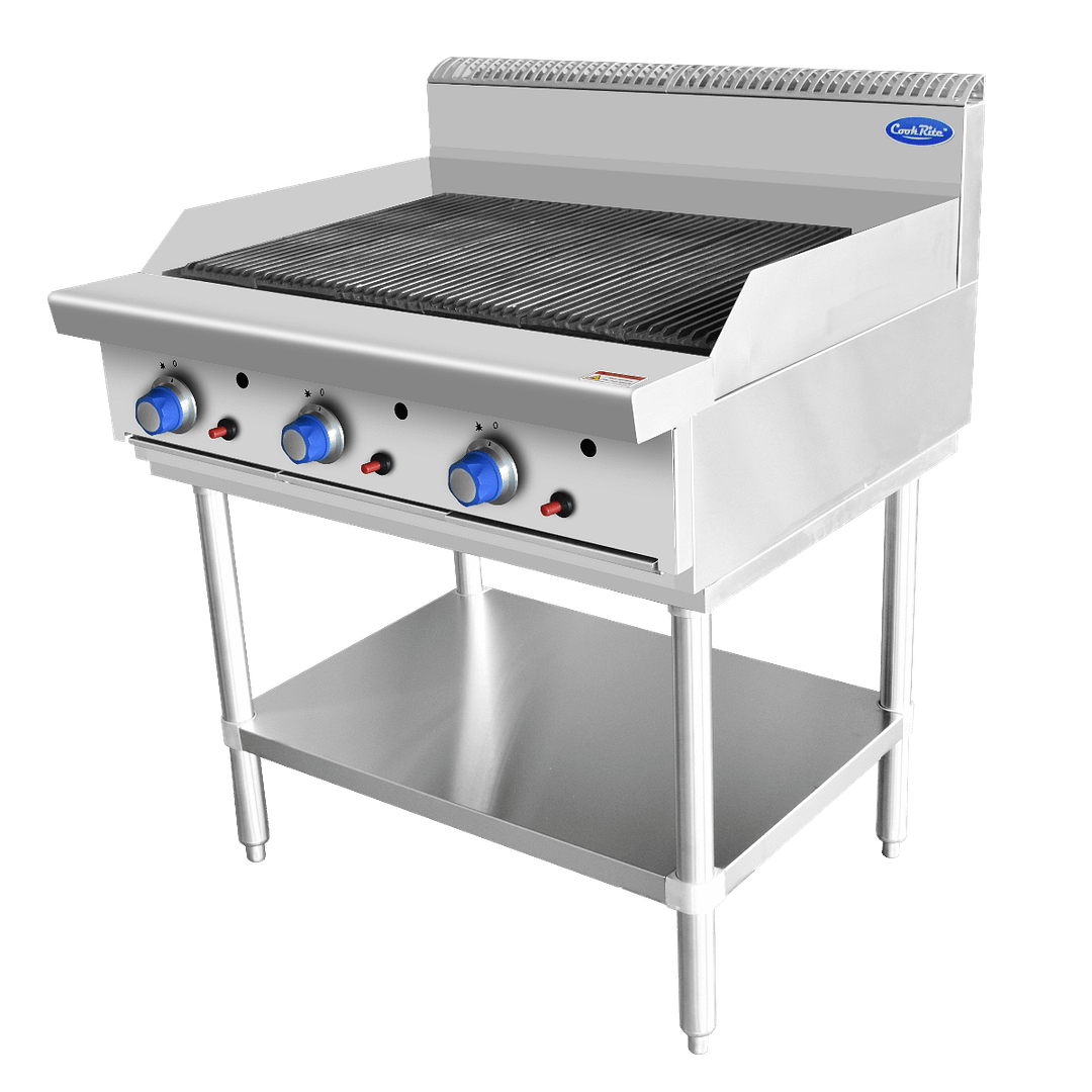 CookRite AT80G9C-F 900mm radiant char grill with stainless steel stand and undershelf, LPG/NG