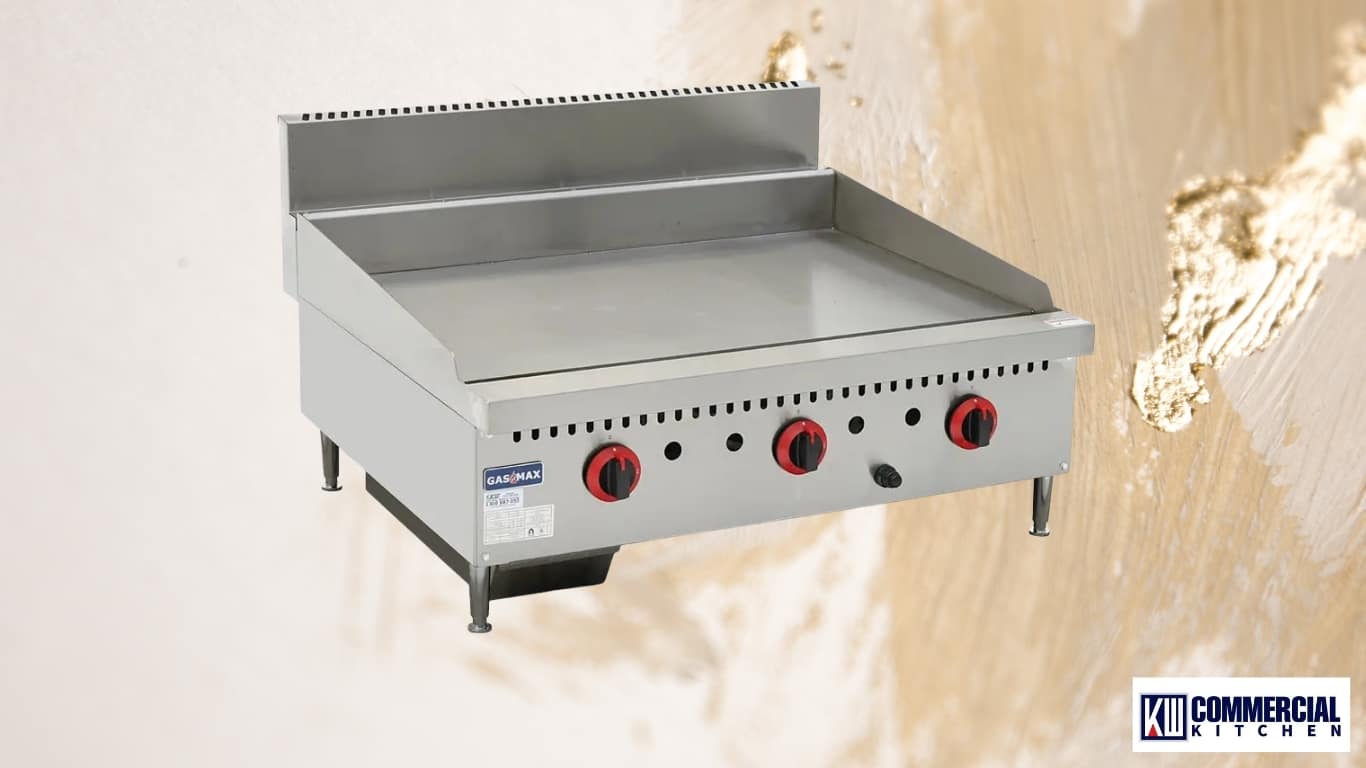 GASMAX freestanding gas griddle with three burners and smooth flat plate with splashback.