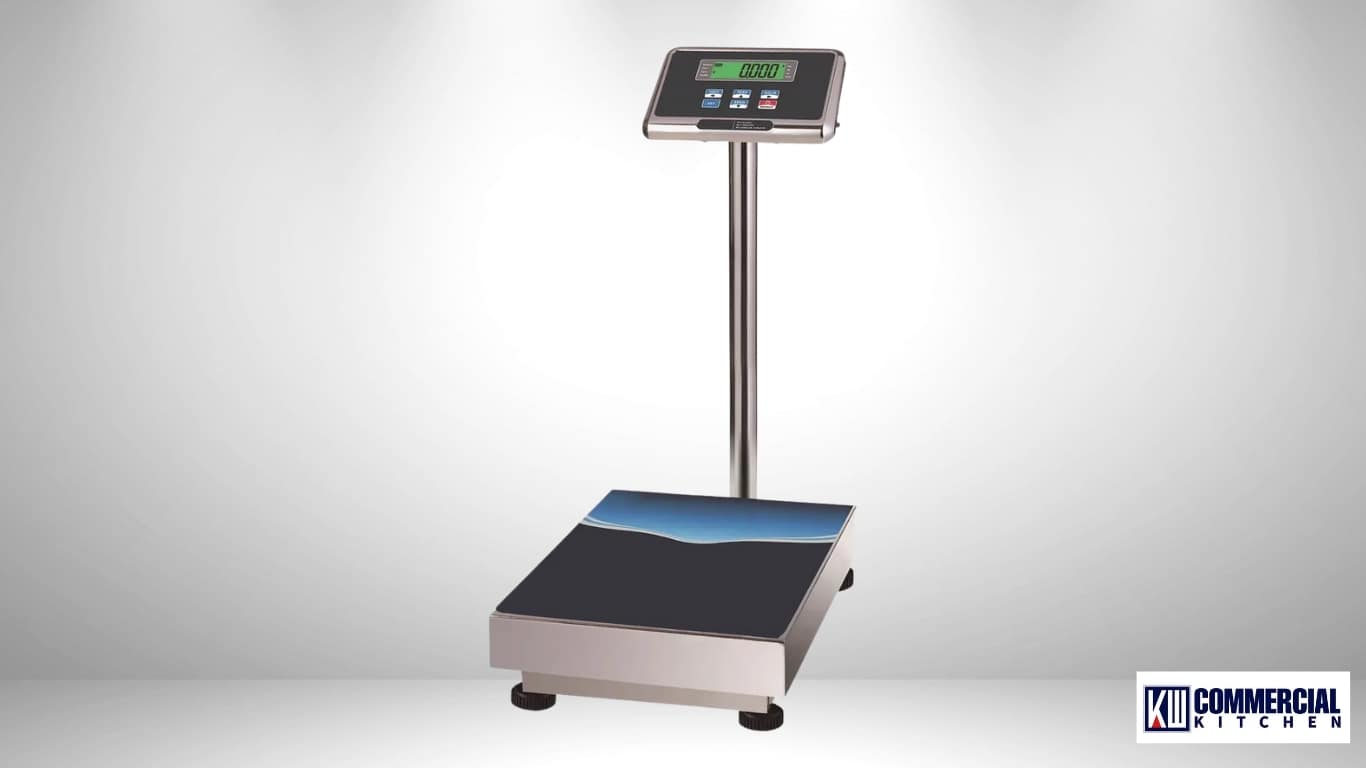 Trade‑approved platform food scale with pole‑mounted indicator for goods‑in receiving and bulk ingredients in Australian commercial kitchens.