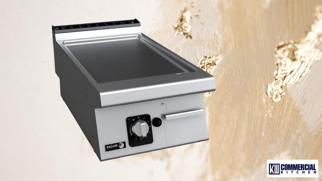 Fagor electric benchtop griddle with smooth flat plate, thermostat control and splashback.