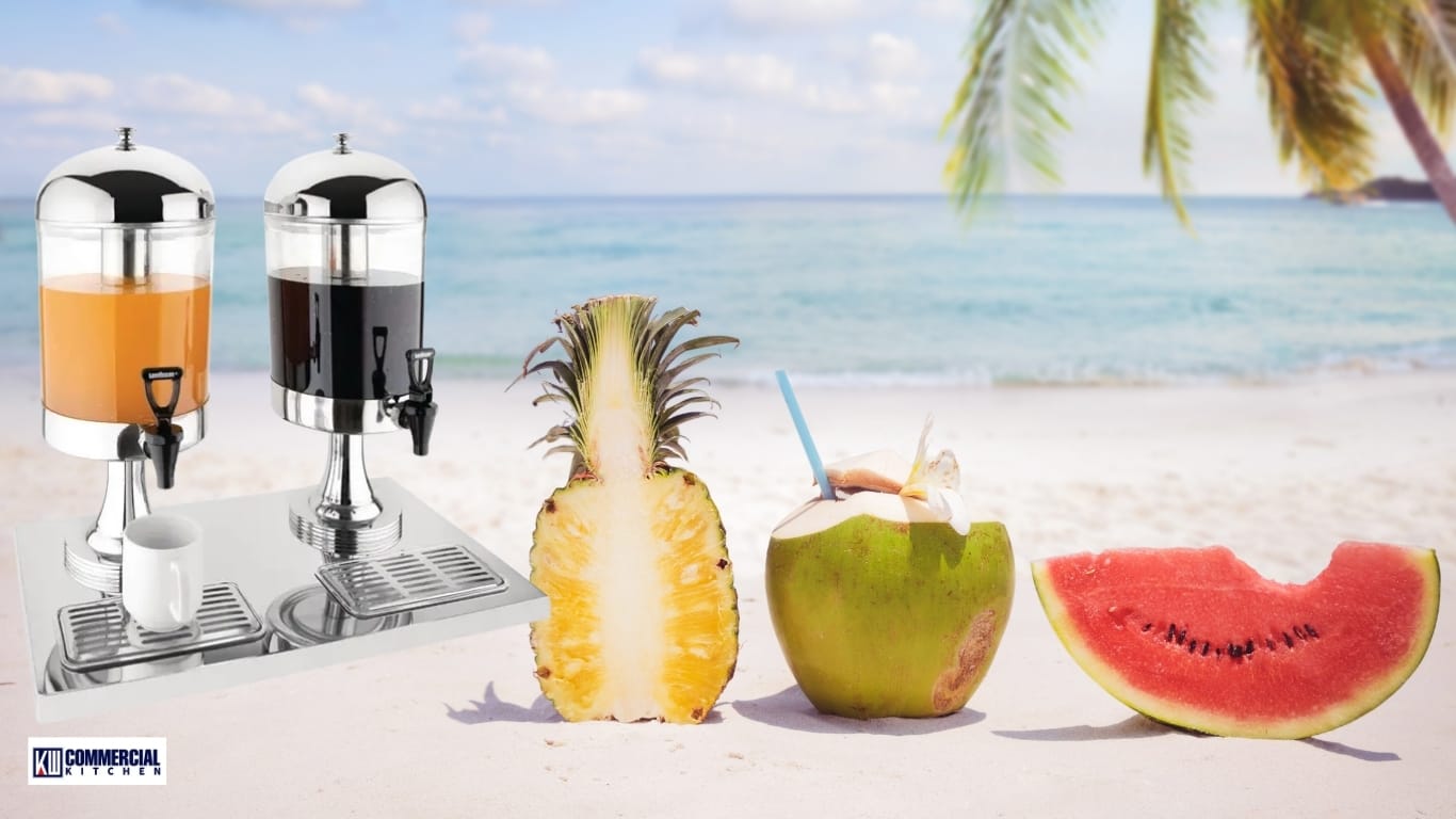 Twin cold drink dispenser with pineapple, coconut and watermelon on an Australian beach