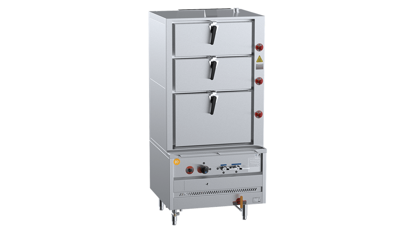 B+S K+ DSK-3 Triple Deck Steamer with 150 MJ triple jet burner, 900 mm wide, stainless steel – front view, Australia