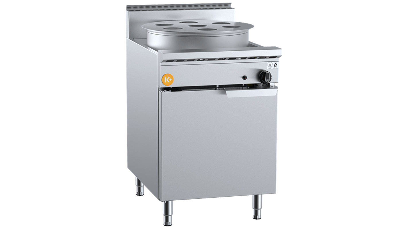 B+S K+ KYCJSF-1HE single-hole waterless heat exchange steamer with 18-jet duckbill burner, 600 mm wide, natural or LPG gas, stainless steel – front view, Australia