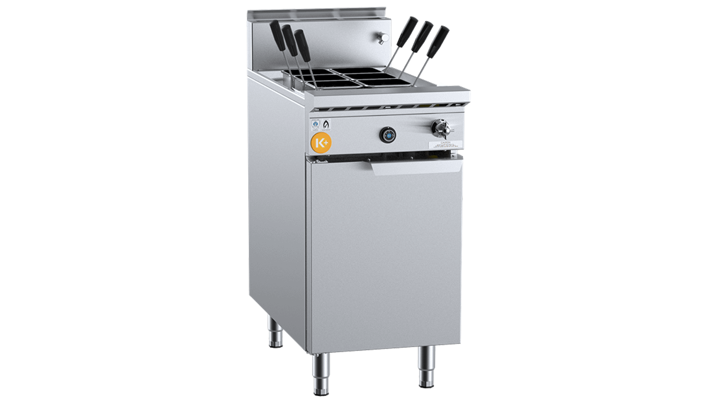 B+S K+ KPC-6 six-basket gas pasta cooker with multi-jet target burner, 450 mm wide, NG/LPG gas, stainless steel – front view, Australia