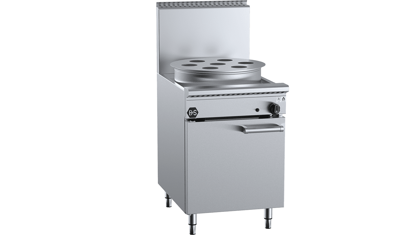 B+S Black YCJSF-1HE single-hole waterless heat-exchange steamer with 18-jet duckbill burner, 600 mm wide, NG/LPG gas, stainless steel – front view, Australia
