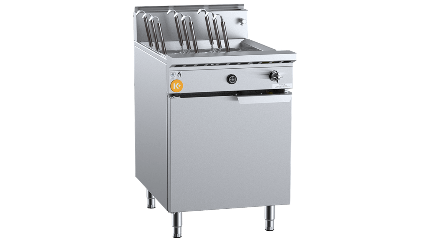 B+S K+ KNC-9 nine-basket gas noodle cooker with multi-jet target burner, 600 mm wide, NG/LPG gas, stainless steel – front view, Australia