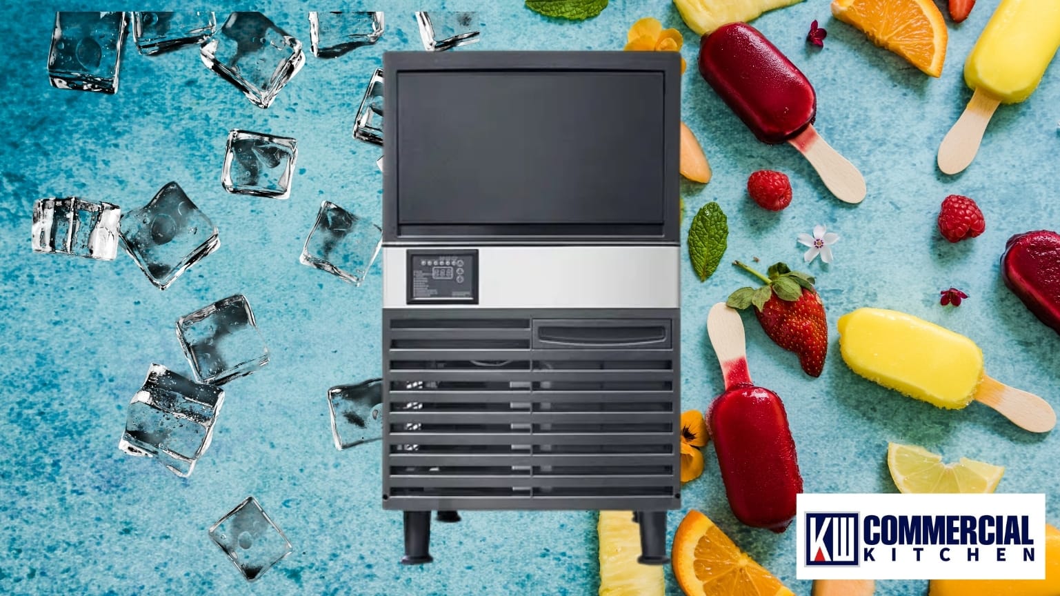 Undercounter commercial ice machine producing clear cubes; use chloramine‑capable carbon filtration, phosphate scale inhibitor, and quarterly sanitising (Australia).