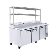 Atosa MPF8203OS 3-Door Pizza Prep Fridge with overshelf, stainless steel build, ideal for pizza preparation.