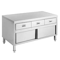 FED SKTD6-1200 stainless steel bench cabinet with 3 drawers and sliding doors, 1200mm wide – front view, Australia
