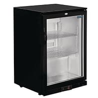 Polar GL001-A G-Series single hinged glass door back bar cooler, 138L capacity, black steel, 600mm wide – front view, Australia
