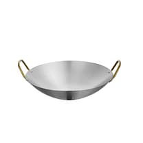 Kitchen Knock 408094 9-inch stainless steel shallow wok with golden handles, durable food grade steel – front view, Australia