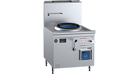 B+S Black CCF-HP1 single-hole waterless Hipac wok with ceramic lined chamber, 800 mm wide, natural or LPG gas, stainless steel – front view, Australia