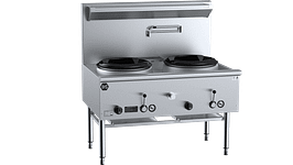 B+S Black UFWWD-2 two hole deluxe waterless wok table with 340 mm cast iron burners, 1200 mm wide, natural or LPG gas, stainless steel – front view, Australia