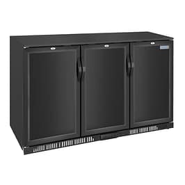 Polar GE999-A G-Series triple solid hinged door back bar cooler, 320L capacity, black steel, 1350mm wide – front view, Australia