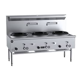 B+S Black UFWWD-3 three-hole deluxe waterless wok table with 340 mm cast iron burners, 1800 mm wide, natural or LPG gas, stainless steel – front view, Australia