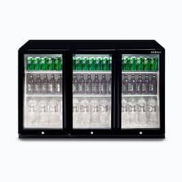 Bromic BB0330GD-NR triple door back bar fridge, 307L, black, glass doors – front view, Australia