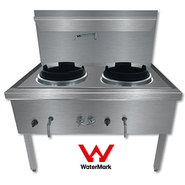 Gasmax WW-2LC stainless steel waterless LPG double wok chimney burner, 1200mm, 230MJ/h – front view, Australia