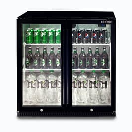 Bromic BB0200GD-NR 190L double door back bar fridge, hinged glass doors, black finish – front view, Australia