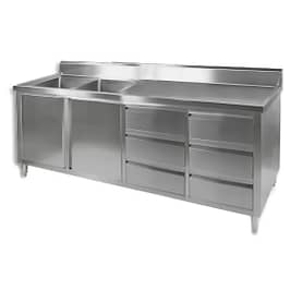 FED DSC-2100L-H stainless steel kitchen tidy cabinet with double left sinks, drawers, doors, and splashback, 2100mm wide – front view, Australia