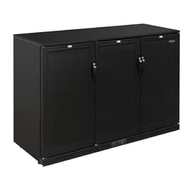 Polar GL017-A G-Series triple solid hinged door back bar cooler, 900mm wide, 270-bottle capacity, black finish, R600a – front view, Australia